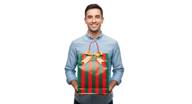 Smiling man holding a striped gift bag with a bow, isolated on transparent background - Powered by Adobe