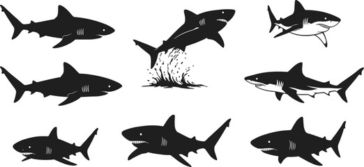 shark, animal, silhouette, predator, swimming, leaping, attacking, icon, vector, illustration, black, white, nature, marine, underwater, anatomy, behavior, aquatic, ocean, design