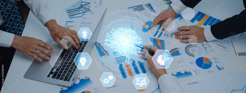 Poster a dynamic office scene showcasing hands engaged in data analysis and technology use, highlighting te