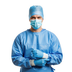 Healthcare professional in surgical attire prepared for medical procedure front view