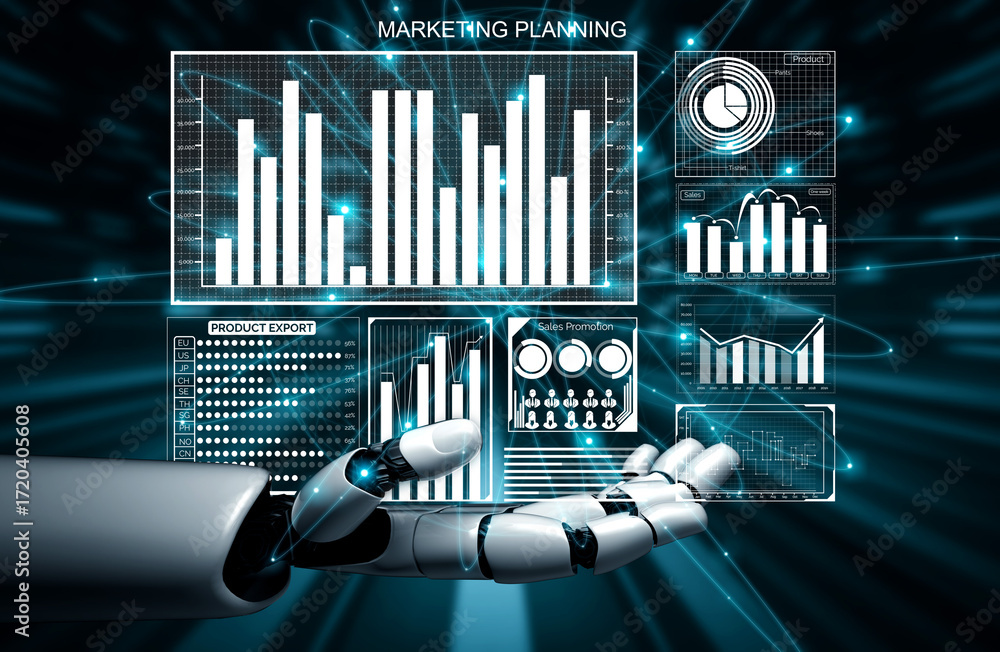Aufkleber this image showcases a robotic hand interacting with futuristic data visuals, highlighting marketing