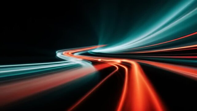 Abstract image of vibrant light trails forming a curved path against a dark background.