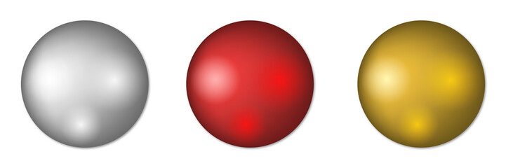 Three spheres with shiny metallic textures silver red gold