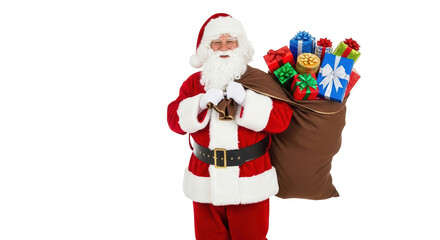 Santa claus with a sack full of christmas presents, isolated on transparent background