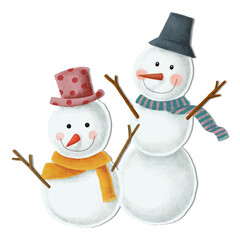 Two Cute Snowmen Illustration with Hats and Scarves
