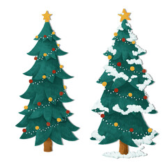 Two stylized christmas trees illustration with festive decorations