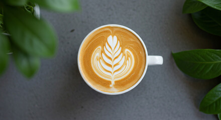 Close up of a cup of coffee with latte art on a dark gray surface