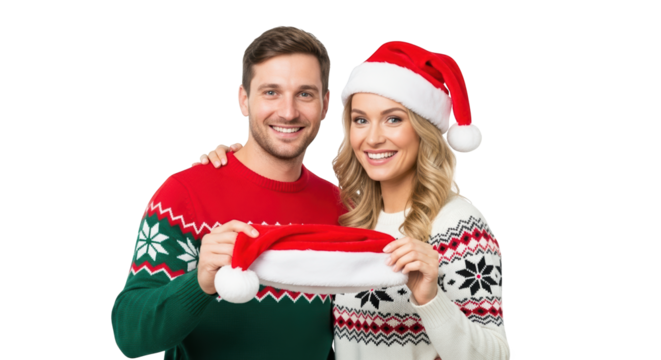 Couple wearing ugly christmas sweaters and santa hats holding one hat isolated on transparent background