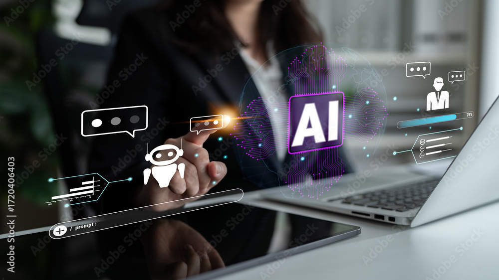 Aufkleber an ai chatbot for global customer service and communication. a concept of a smart assistant interact