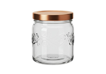 Isolated clear glass jar with decorative swirls and a metal lid, ready for food storage