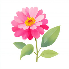 A vibrant digital painting of a fuchsia zinnia blossom with a yellow center shown with its foliage., isolate on white background