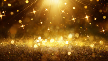 Fototapeta premium Gold Lights Shining Golden Background With Shiny Stars And Rays Sparkles Or Particle Glitter Lighting Merry Christmas Festive Abstract Background