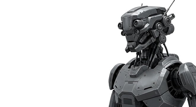 A detailed close-up of a futuristic, metallic robot with intricate mechanical details, set against a stark white background.