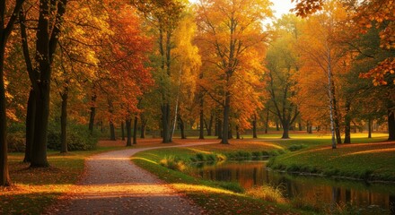 Autumn landscape shows a path through trees with colorful foliage and water.
