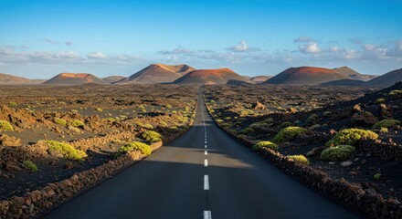 Asphalt road stretches through a volcanic landscape with hills under a blue sky.