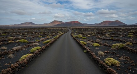 Road stretches through a barren landscape with distant hills under a cloudy sky.