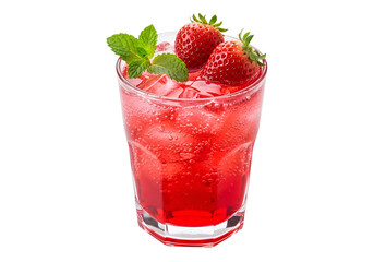 A refreshing, vibrant drink features fresh strawberries and mint, garnished with ice, in a glass, against a black backdrop.