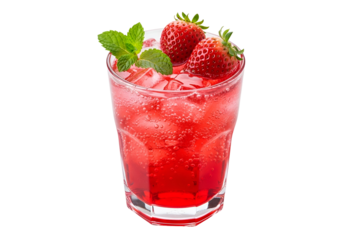 A refreshing, vibrant drink features fresh strawberries and mint, garnished with ice, in a glass, against a black backdrop.