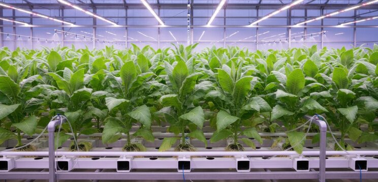 Medium shot of lush tobacco plants thriving in a hydroponic greenhouse showcasing vibrant green leaves under controlled lighting conditions