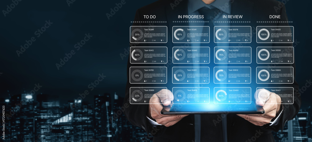 Poster task management tool dashboard showing kanban-style workflow with columns for to do, in progress, in
