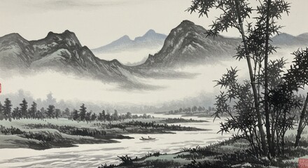 Ink wash painting of mountains trees water and mist in a monochrome palette.