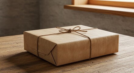 Wrapped gift box with string on wooden surface near window light.