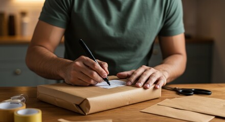 Person writing on a package wrapped in brown paper on a wooden surface.