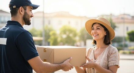 Delivery person hands a cardboard box to a smiling woman wearing a hat.