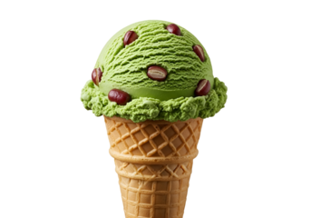 A vibrant scoop of matcha ice cream, nestled in a waffle cone, is adorned with red bean toppings, creating a visually appealing dessert shot against a pure black backdrop.