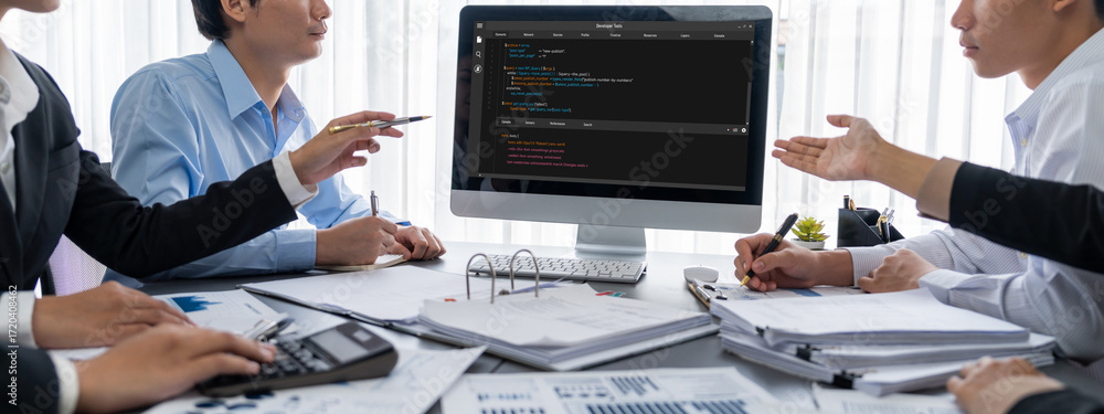 Poster business intelligence and data analysis concept. analyst team working on financial data analysis das