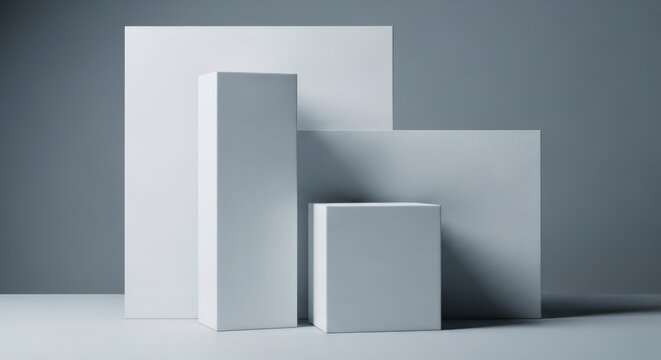 Arrangement of White Rectangular Prisms and a Square Panel Against a Soft Gray Backdrop Displaying a Study in Geometric Forms and Minimalist Composition