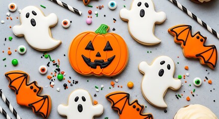 Fototapeta premium Halloween Cookies with Ghosts, Pumpkins, and Bats for Spooky Party Treats