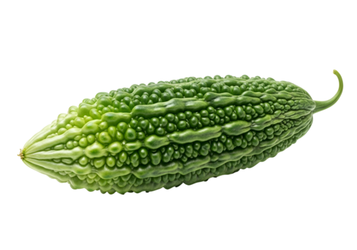 A vibrant green bitter melon displays its unique textured skin against a stark black background.