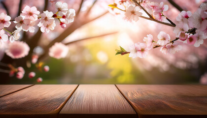 Cherry Blossoms In Full Bloom Above A Wooden Table With Soft Sunlight And A Dreamy Blurred Background