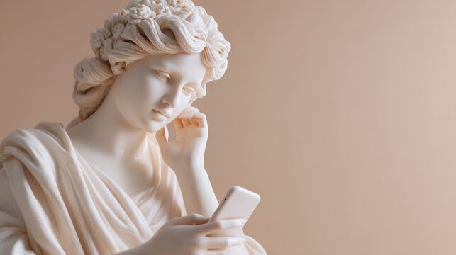 A neoclassical marble statue of a woman holding a modern smartphone in her hand. - Powered by Adobe
