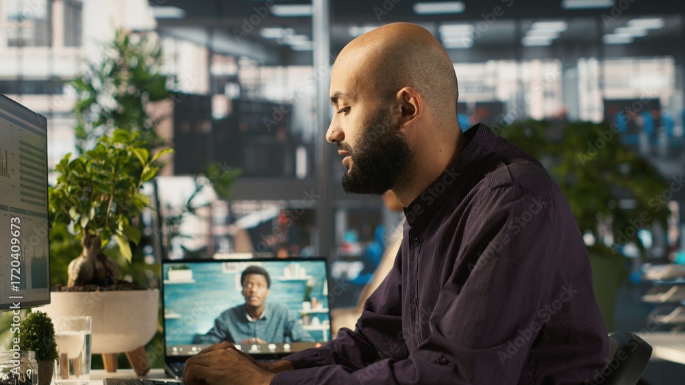 Poster business manager on videocall with worker attending briefing meeting to share new ideas to profit gr