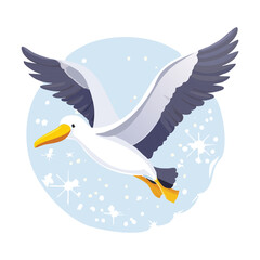 Majestic Seagull Bird Flying in the Sky with Snowflakes Falling Around It