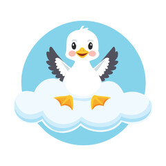 Adorable Penguin Character Playing and Jumping on a Soft, Fluffy White Cloud