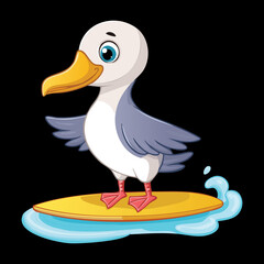 Playful Seagull Bird Mascot Riding a Wave on a Surfboard with a Big and Cheerful Smile