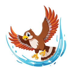 Dynamic Hawk Bird Character Splashing Down into the Water to Catch Its Prey