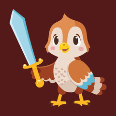 Brave Owl Mascot Holding a Shiny Sword and Wearing a Small Helmet, Ready to Defend