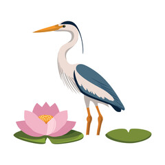 Elegant Heron Bird Mascot Standing on a Lily Pad in a Pond with a Beautiful Lotus Flower