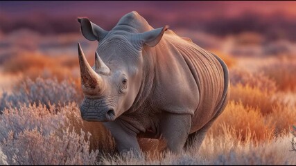 A majestic rhino in its natural habitat at sunset on the African savanna. Golden light and serene landscape highlight the beauty of wildlife, celebrating International Rhino Day