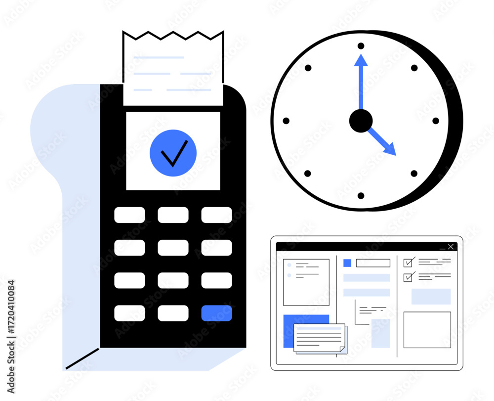 Aufkleber payment machine with receipt, clock showing time, and digital interface for task tracking. ideal for