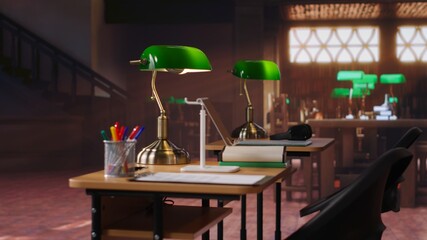 Empty heritage library filled with vintage decorations and refined wooden desks, lovely old fashioned green lamps. Calm intellectual space perfect for exploring research and scholarly pursuits.