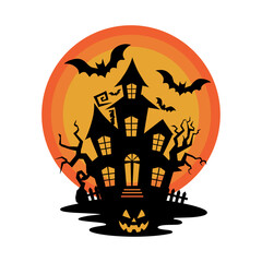 Halloween home silhouette black vector, Haunted House Vector Illustration with Glowing Windows, Pumpkin Lantern, Bats, Full Moon, and Spooky Fence