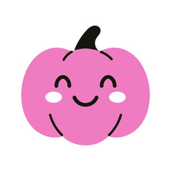 Vector cute pink pumpkin clipart with smiling face isolated on white. Happy and charming halloween character for autumn decor.