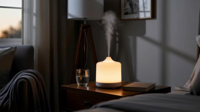 Diffuser emitting mist on a bedside table in a bedroom, creating a calming ambiance for relaxation and aromatherapy footage