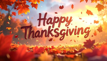 Warm and vibrant digital artwork, featuring fall leaves and a "Happy Thanksgiving" message in elegant script. The background shows a sunny sky