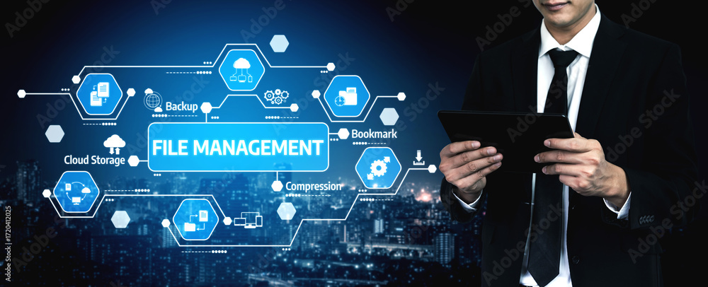 Poster professional businessman using tablet for file management with cloud technology and digital icons in